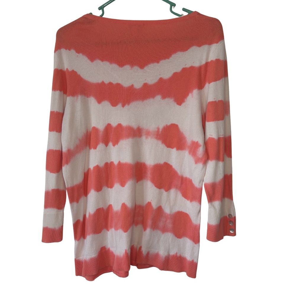 3/$20 Chico's Vibrant Coral and White Long Sleeve Ribbed Shirt - Picture 2 of 4